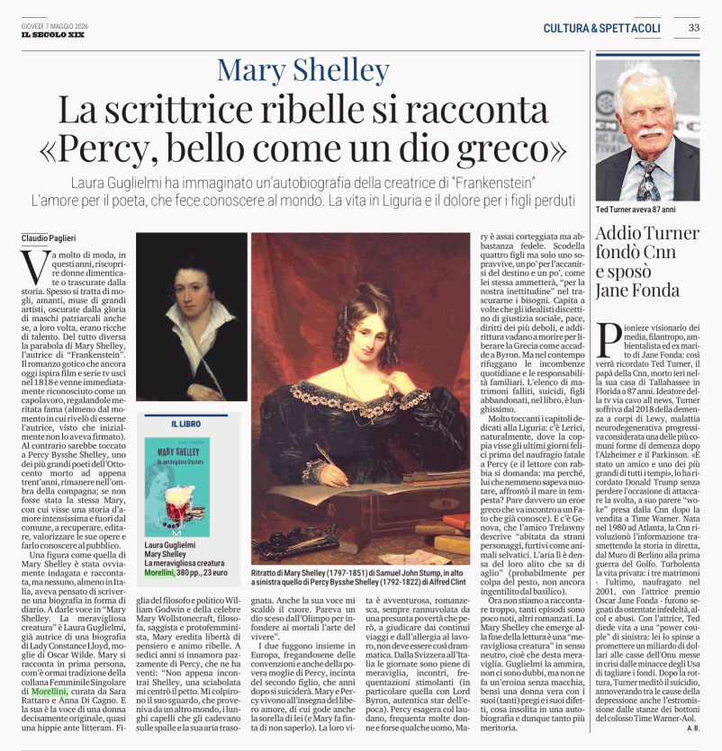 La rassegna stampa dal 4 al 10 maggio 1 Mary Shelley 07 05 2026 Il Secolo XIX